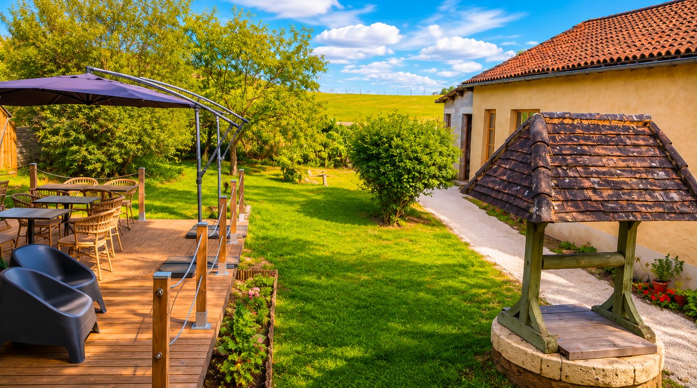 Le jardin du Bar du Coux : terrasse en bois, puits en pierre et vue sur la campagne du Périgord