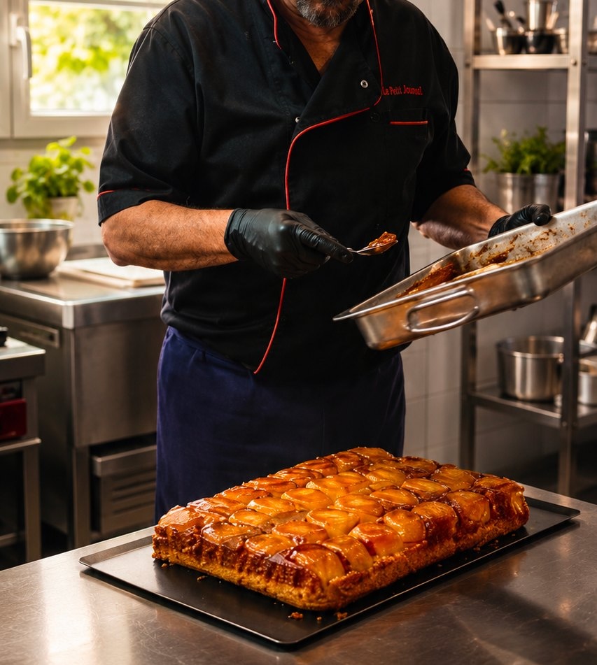 Le chef du Bar du Coux glace une tarte aux pommes maison dans sa cuisine