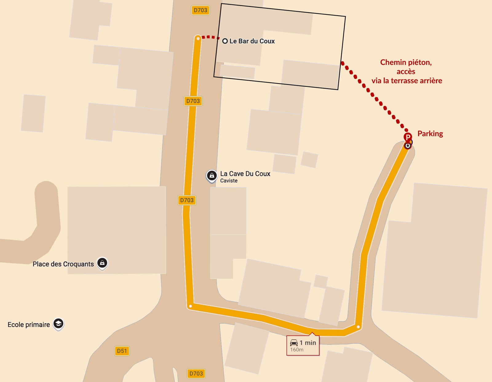 Plan d'accès au Bar du Coux : parking à environ 160 mètres, accès piéton par la terrasse arrière