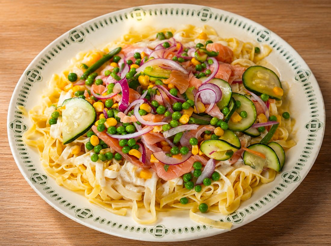 Tagliatelles de saumon et petits légumes