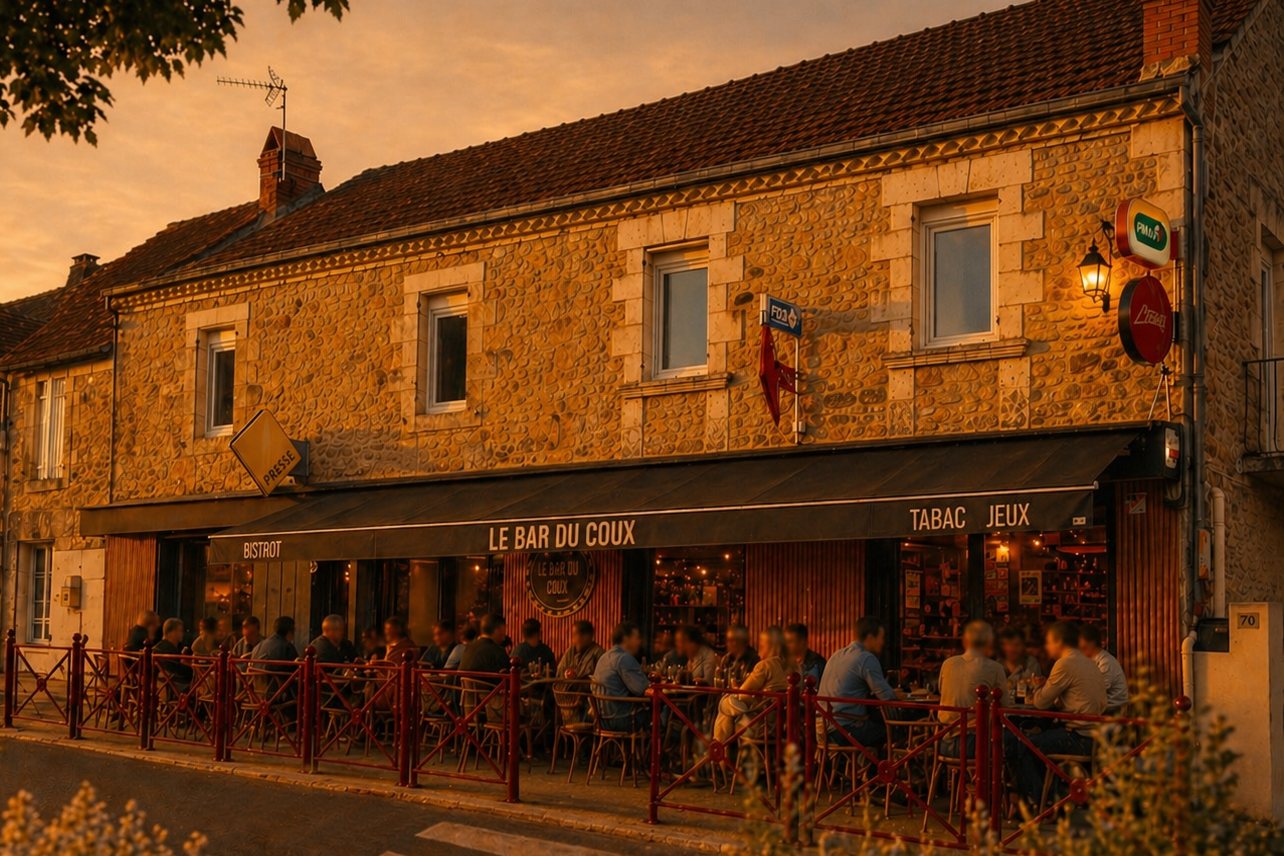 La terrasse du Bar du Coux à la tombée du jour : façade en pierre du Périgord et clients attablés en terrasse